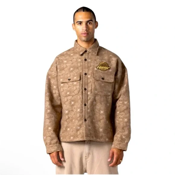Honor The Gift Floral Cover Jacquard Brocade Shirt Jacket Logo Patch Shacket